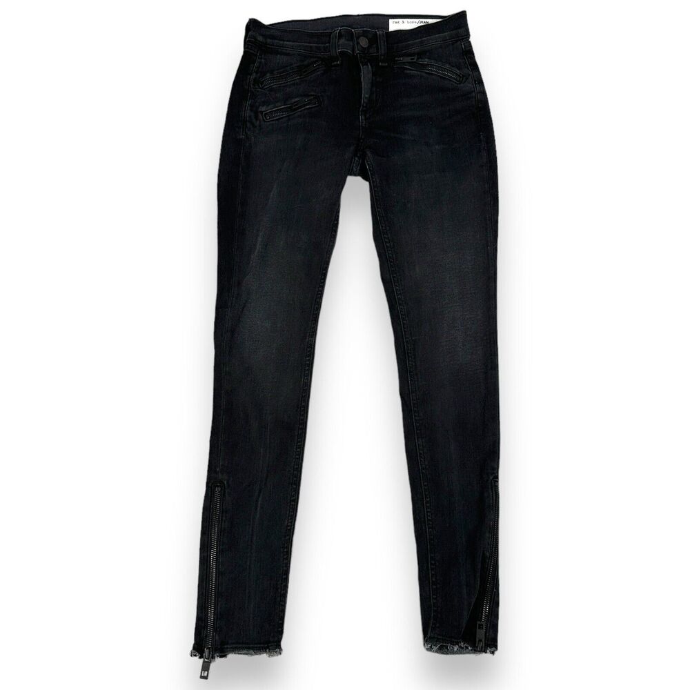 Rag &‎ Bone Moto Jeans Womens 26 Black Washed Zipper Pockets Ankle Frayed Denim